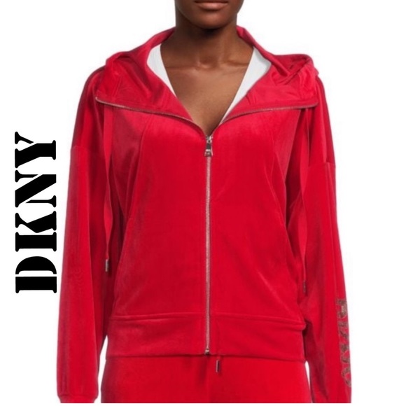Dkny Tops - DKNY VELVET LOGO HOODIE RED CHERRY LARGE